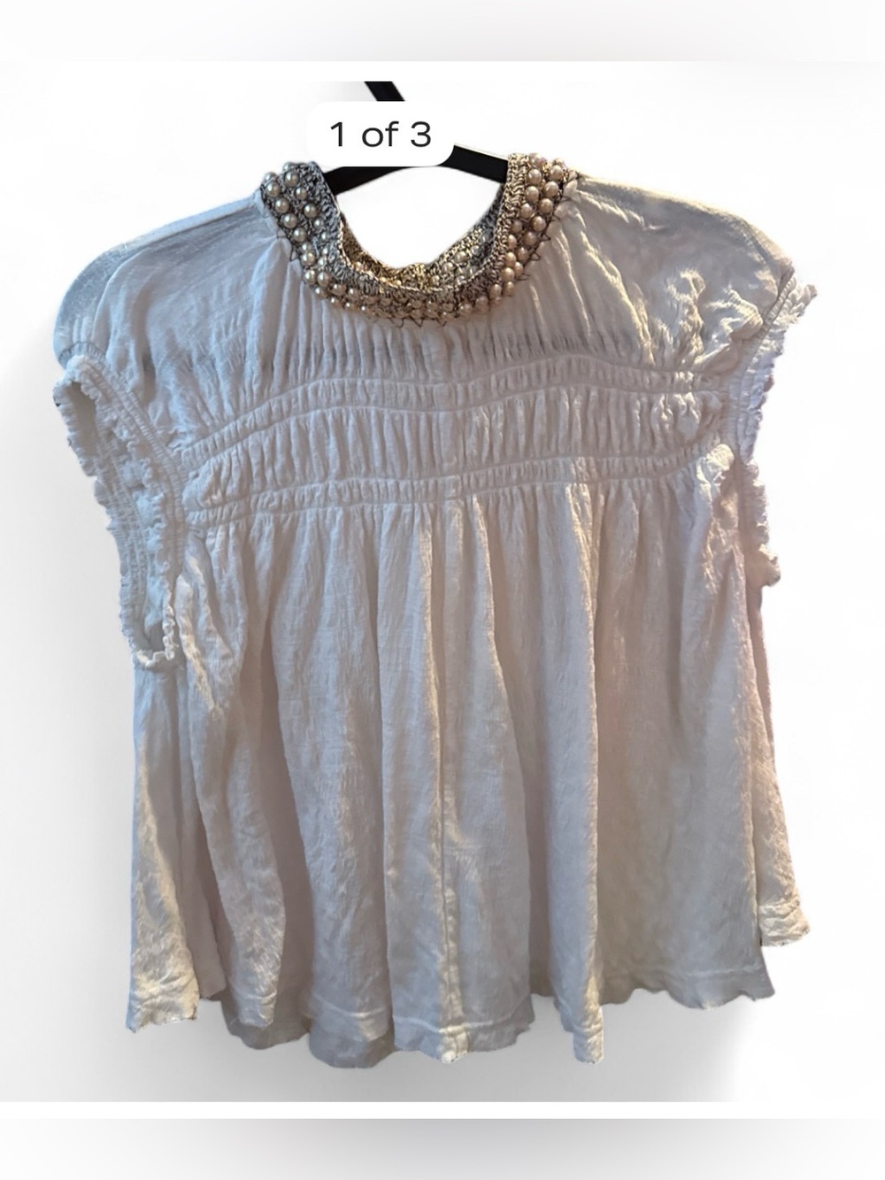 Free People Embellished Ivory Womenโs Blouse with Beaded Neckline